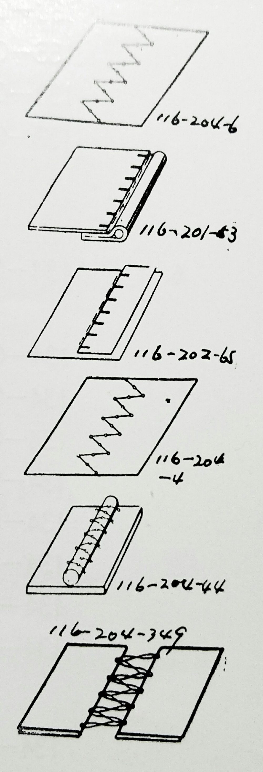 パフ社116シリーズの特徴と縫見本。116-204-6、116-201-53、116-202-65、116-204-4、116-204-44、116-204-349。